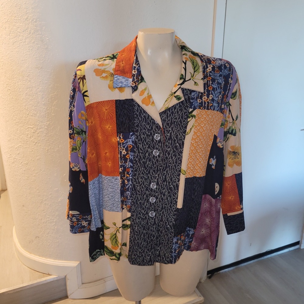 City Blues by Koret Patchwork Print Rayon‎ Blouse PXL momcore 80s grandmacore